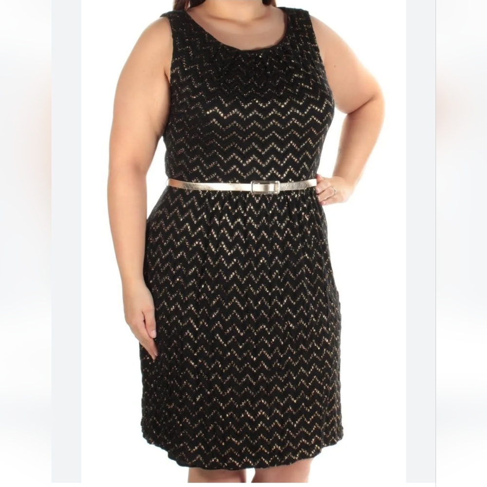 Connected Apparel Womens Black and Gold Belted Chevron Dress, Size 18W